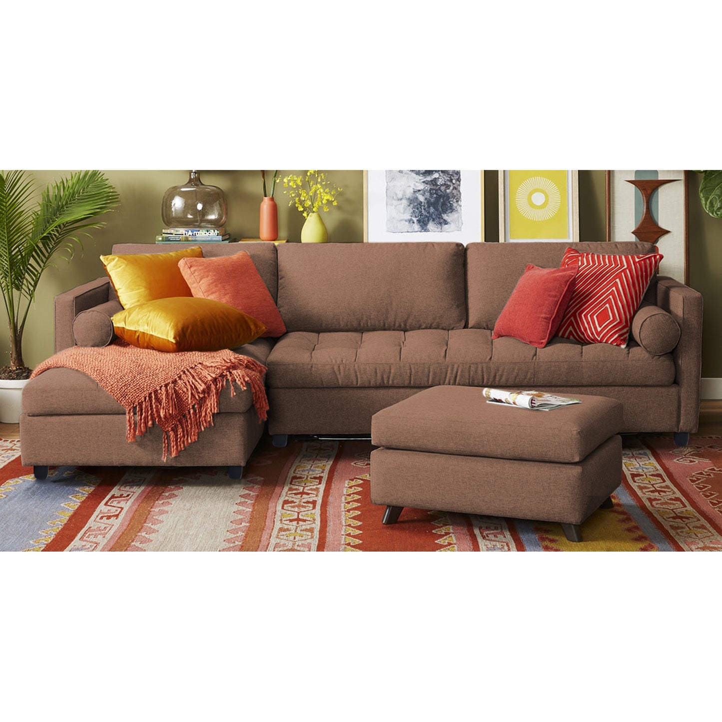 Adorn India Alexander L Shape 7 Seater Sofa Set with Ottoman Puffy LHS (Camel) (3 Year Warranty)
