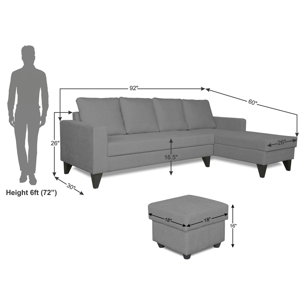 Adorn India Hallton L Shape Decent Sofa Set 7 Seater with Ottoman (Right Side) (Grey) (3 Year Warranty)