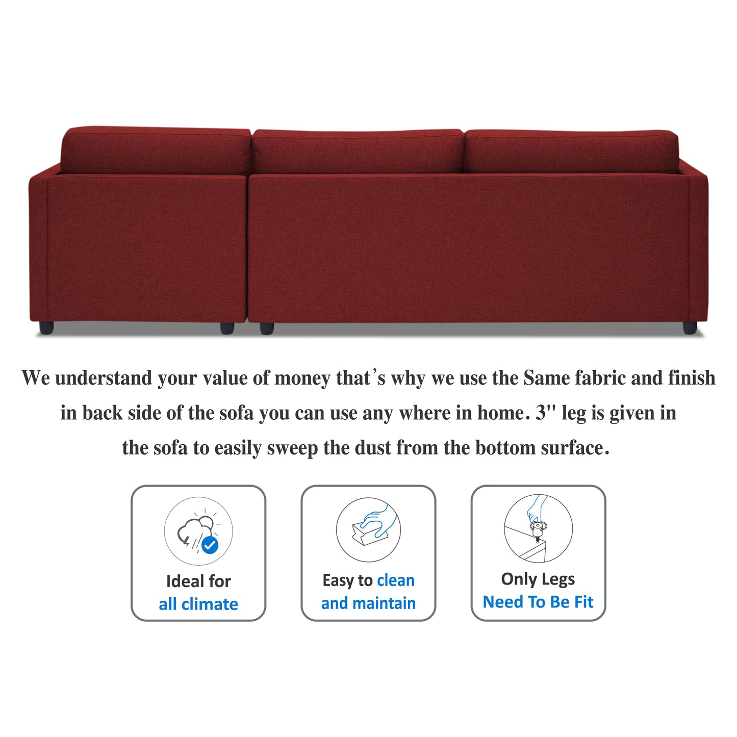 Adorn India Alexander L Shape 7 Seater Sofa Set with Ottoman Puffy RHS (Maroon) (3 Year Warranty)