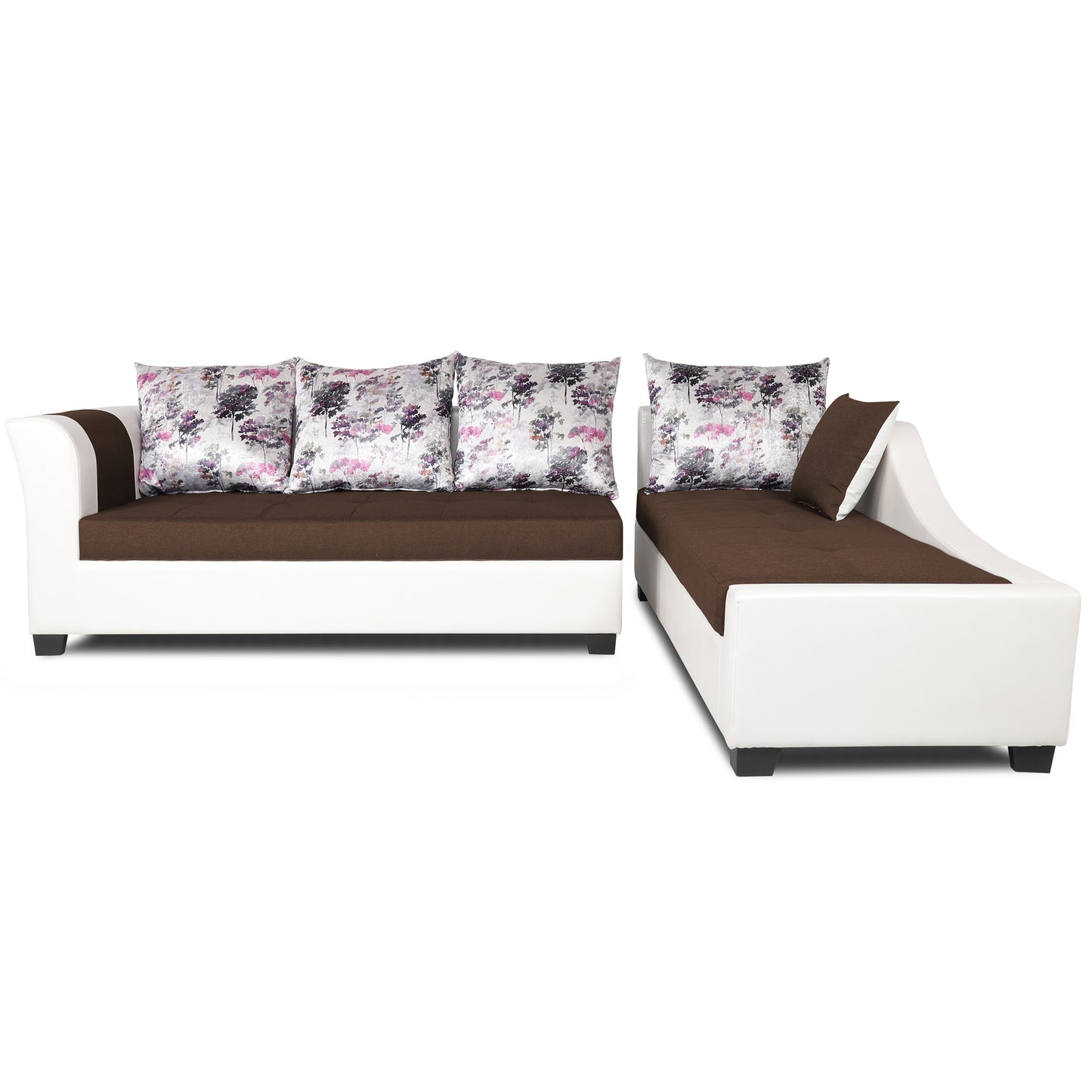 Adorn India Aliana L Shape Leatherette Fabric 6 Seater Sofa Set RHS (Brown & White) (3 Year Warranty)