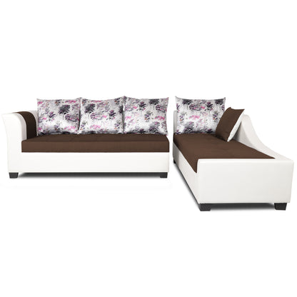 Adorn India Aliana L Shape Leatherette Fabric 6 Seater Sofa Set RHS (Brown & White) (3 Year Warranty)