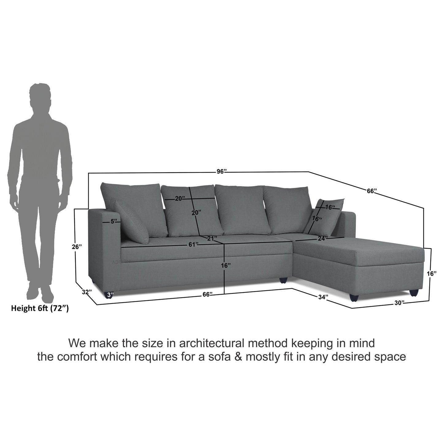 Adorn India Zink Straight line L Shape 6 Seater Sofa with Plain Cushion (Grey)