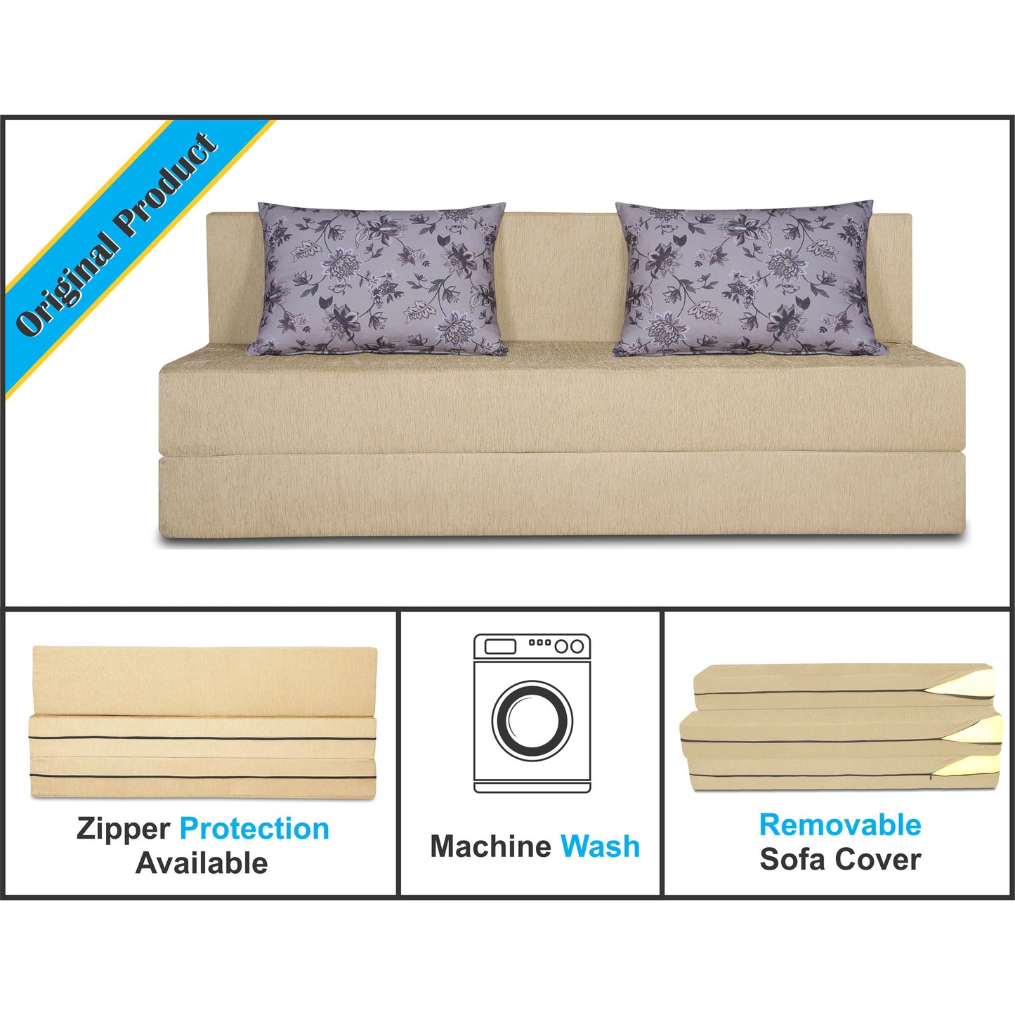 Adorn India Easy Three Seater Sofa Cum Bed Floral '6 x 6' (Beige), Foam