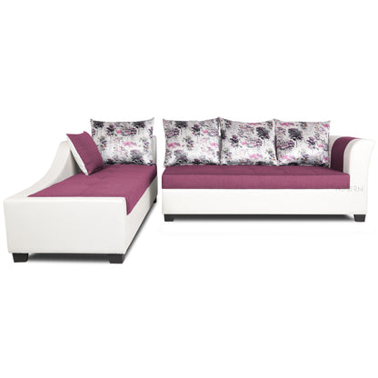 Adorn India Aliana L Shape Leatherette Fabric 6 Seater Sofa Set LHS (Dark Purple & White) (3 Year Warranty)