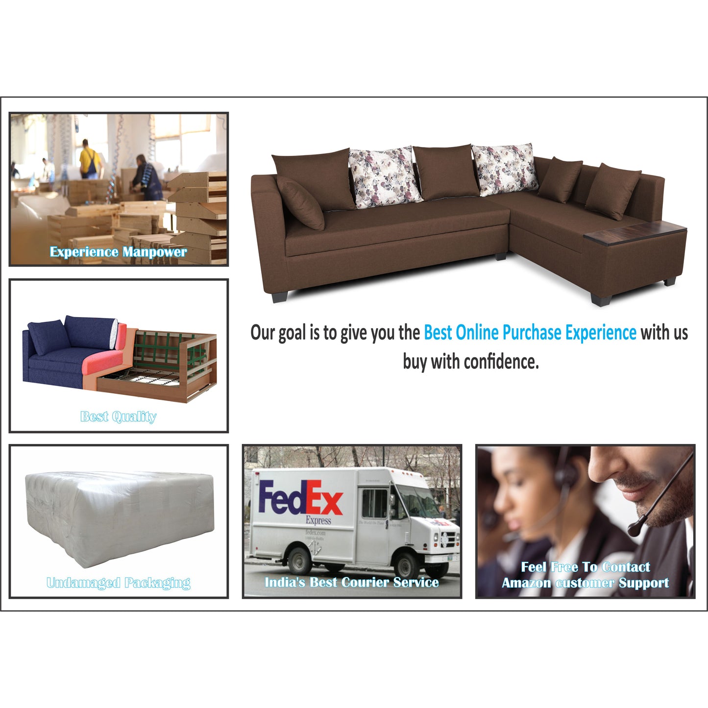 Adorn India Mclain L Shape 6 Seater Sofa (Brown)