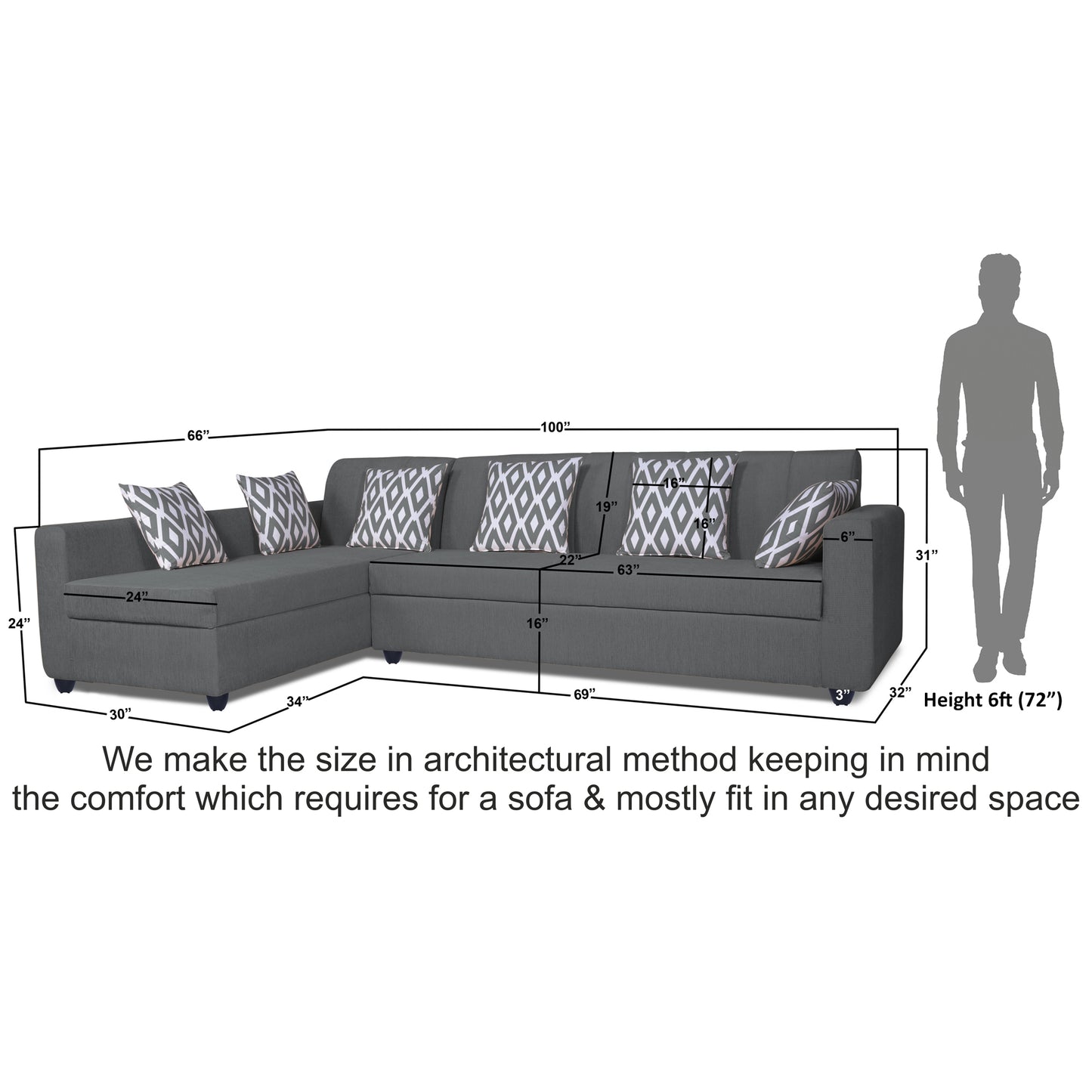 Adorn India Rio Highback L Shape 6 Seater Sofa Set (Left Hand Side) (Grey) (3 Year Warranty)
