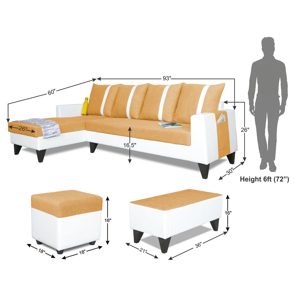 Adorn India Ashley Stripes Leatherette Fabric L Shape 8 Seater Sofa Set with 2 Ottoman Puffy & Center Table LHS (Beige & White) (3 Year Warranty)