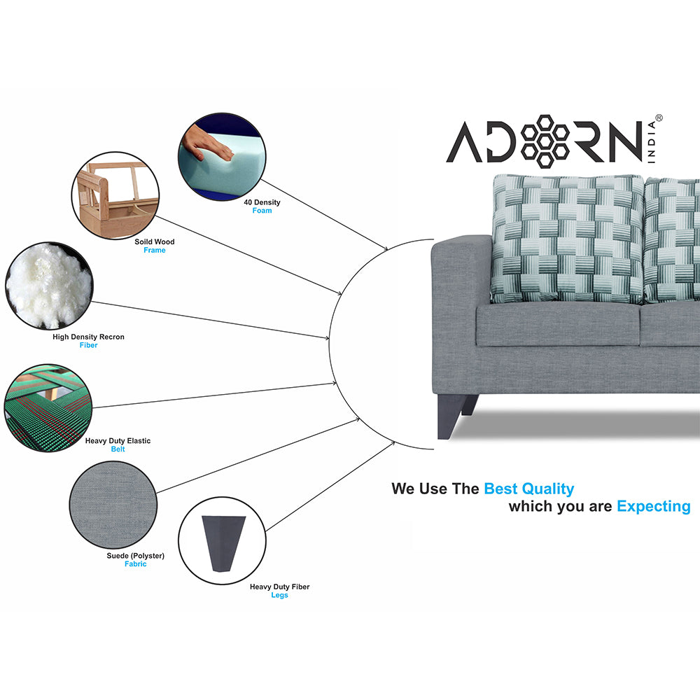 Adorn India Straight line Plus Bricks 3 Seater Sofa (Grey) (3 Year Warranty)