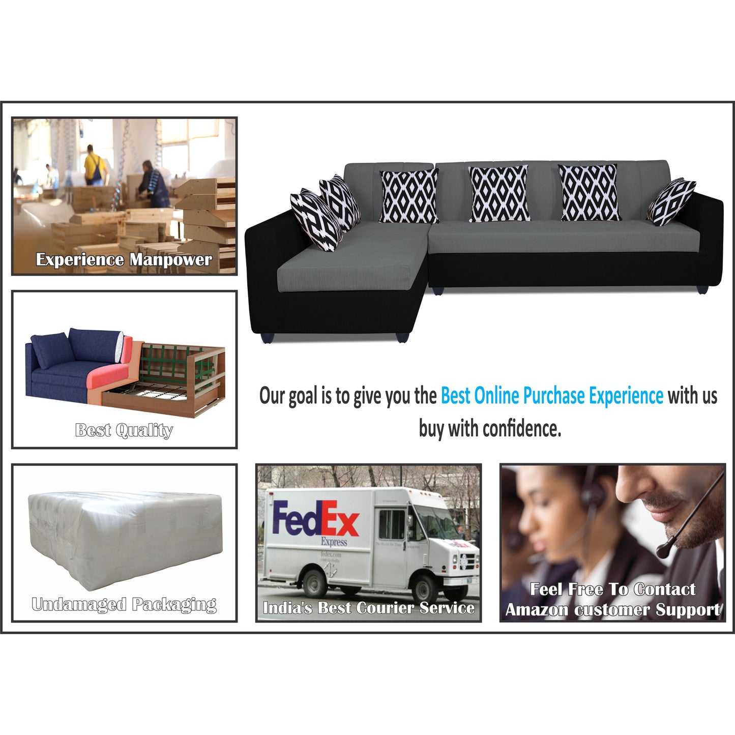 Adorn India Rio High Back L Shape 6 Seater Sofa Set (Left Side Handle) (Grey & Black)