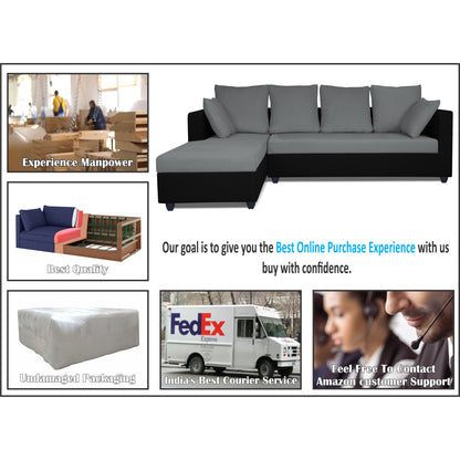 Adorn India Zink Straight line L Shape 5 Seater Sofa Plain Cushion (Left Side Handle)(Grey & Black)