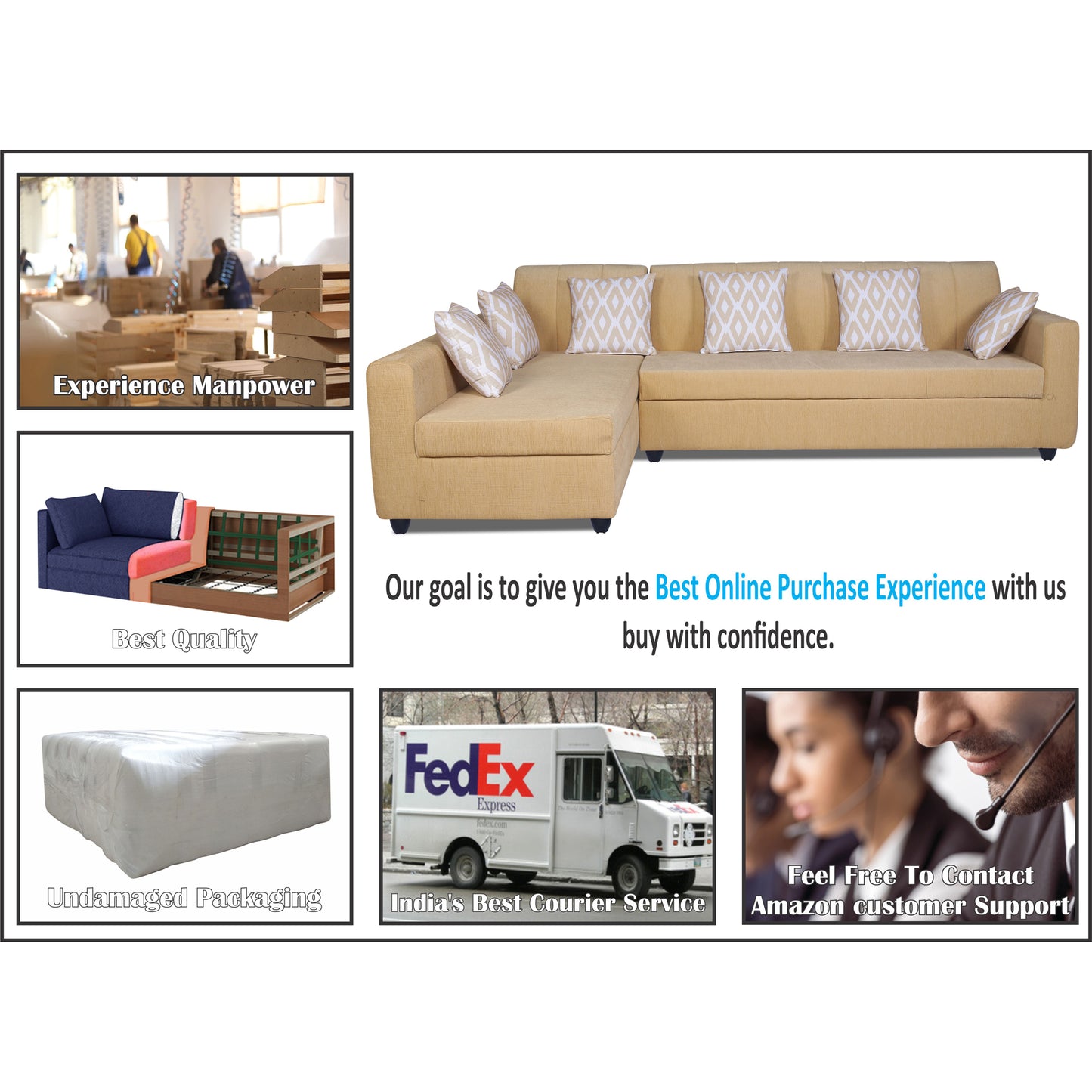 Adorn India Rio Highback L Shape 6 Seater corner Sofa Set (Left Side Handle) (Beige) (3 Year Warranty)