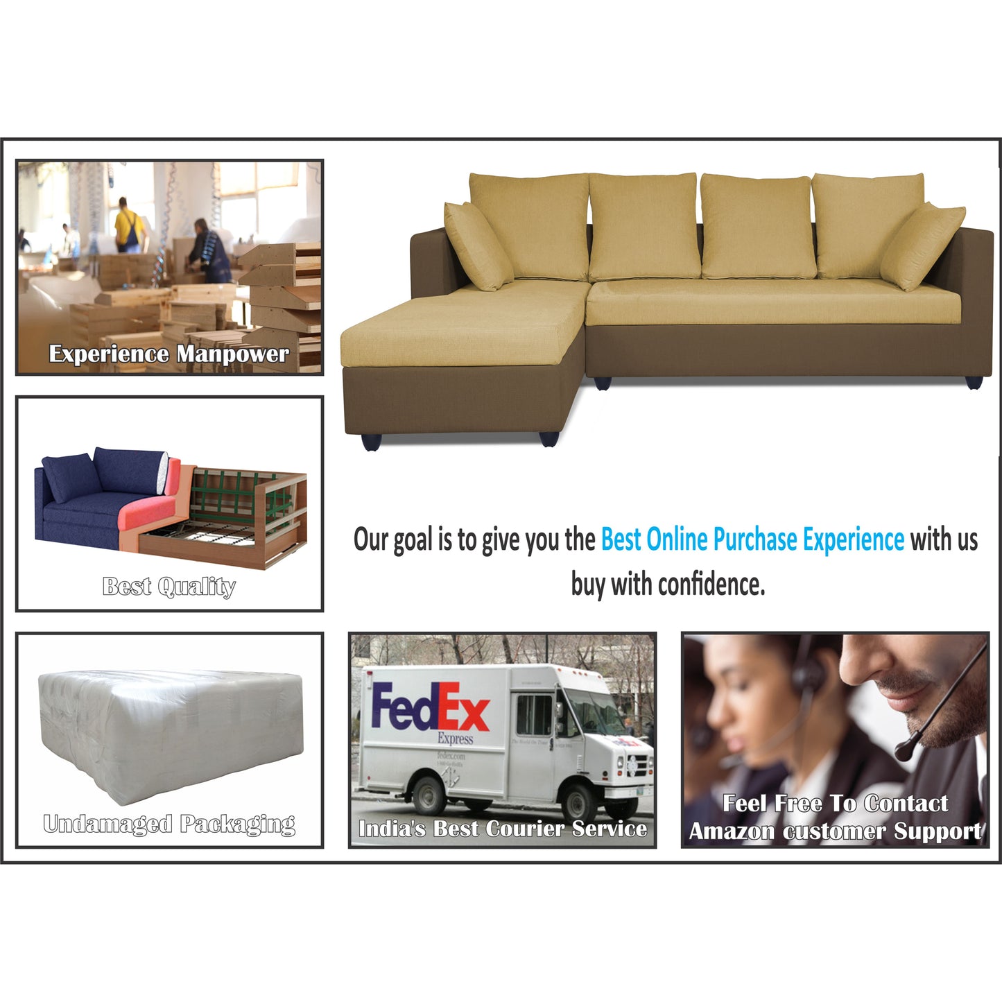 Adorn India Zink Straight line L Shape 6 Seater Sofa Plain Cushion (Left Side Handle)(Brown & Beige)