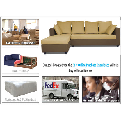 Adorn India Zink Straight line L Shape 6 Seater Sofa Plain Cushion (Left Side Handle)(Brown & Beige)