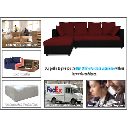 Adorn India Zink Straight line L Shape 5 Seater Sofa Plain Cushion (Left Side Handle)(Maroon & Black)