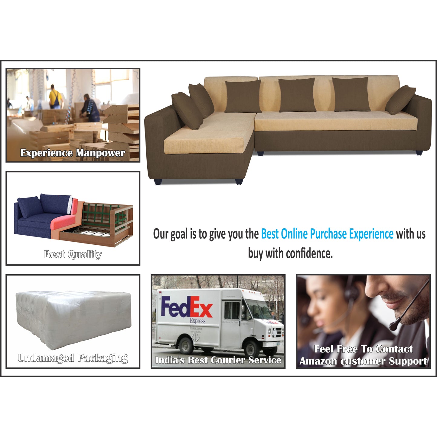 Adorn India Rio Decent L Shape 6 Seater Corner Sofa Set Left Side Handle (Brown and Beige) (3 Year Warranty)