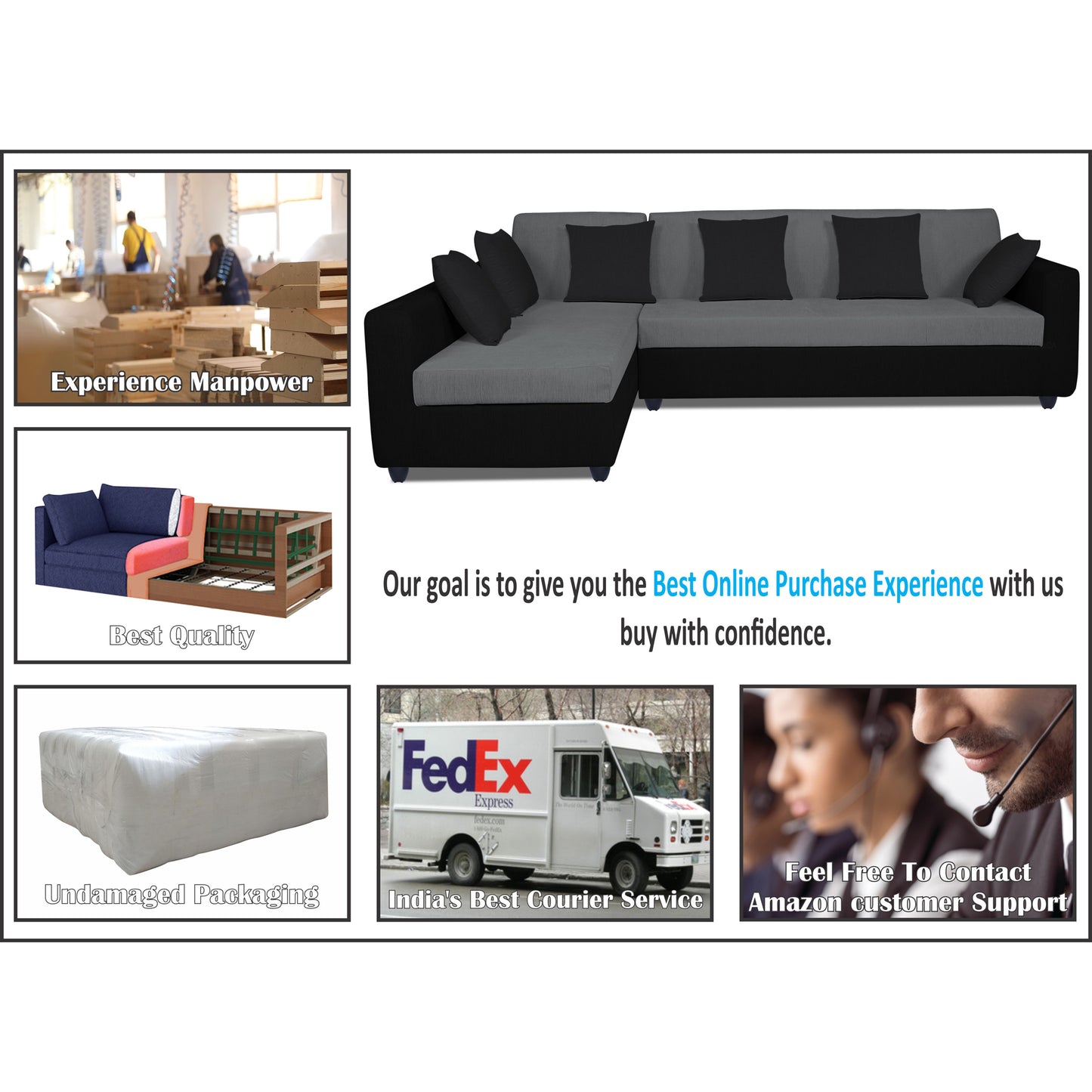 Adorn India Rio Decent L Shape 6 Seater Left Side Handle Corner Sofa Set (Grey and Black) (3 Year Warranty)