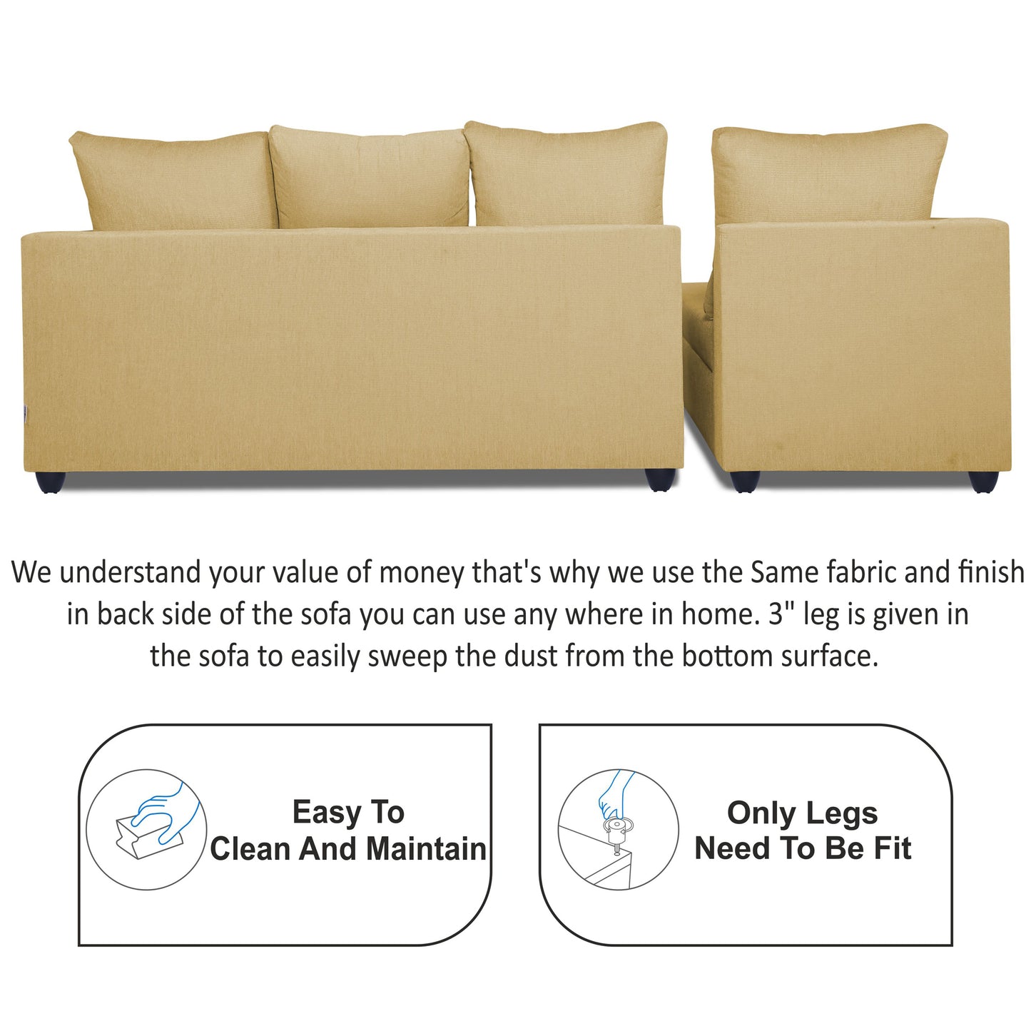 Adorn India Zink Straight line L Shape 5 Seater Sofa Plain Cushion (Left Side Handle) (Beige)