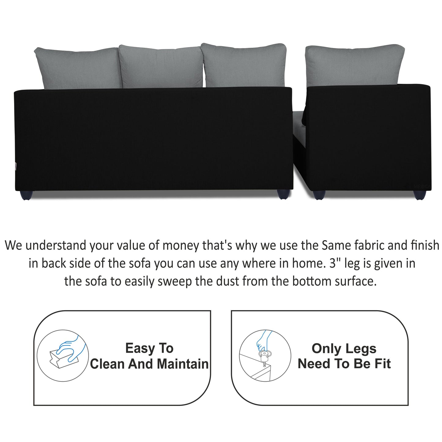 Adorn India Zink Straight line L Shape 5 Seater Sofa Plain Cushion (Left Side Handle)(Grey & Black)
