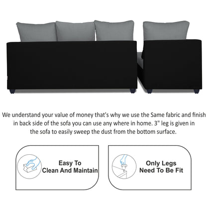 Adorn India Zink Straight line L Shape 5 Seater Sofa Plain Cushion (Left Side Handle)(Grey & Black)