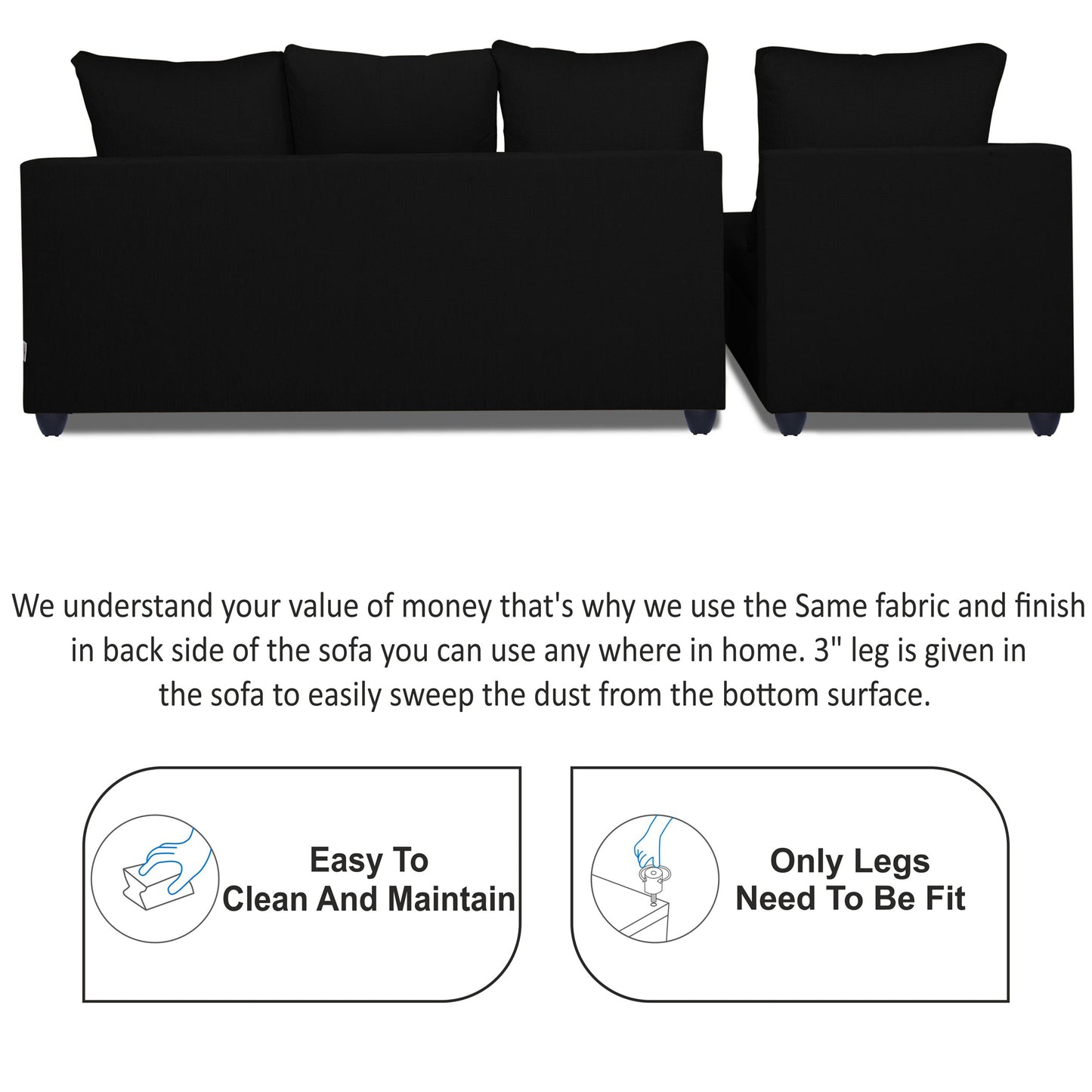 Adorn India Zink Straight line L Shape 5 Seater Sofa Plain Cushion (Left Side Handle)(Black), Wood, Foam
