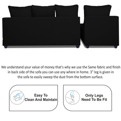 Adorn India Zink Straight line L Shape 5 Seater Sofa Plain Cushion (Left Side Handle)(Black), Wood, Foam