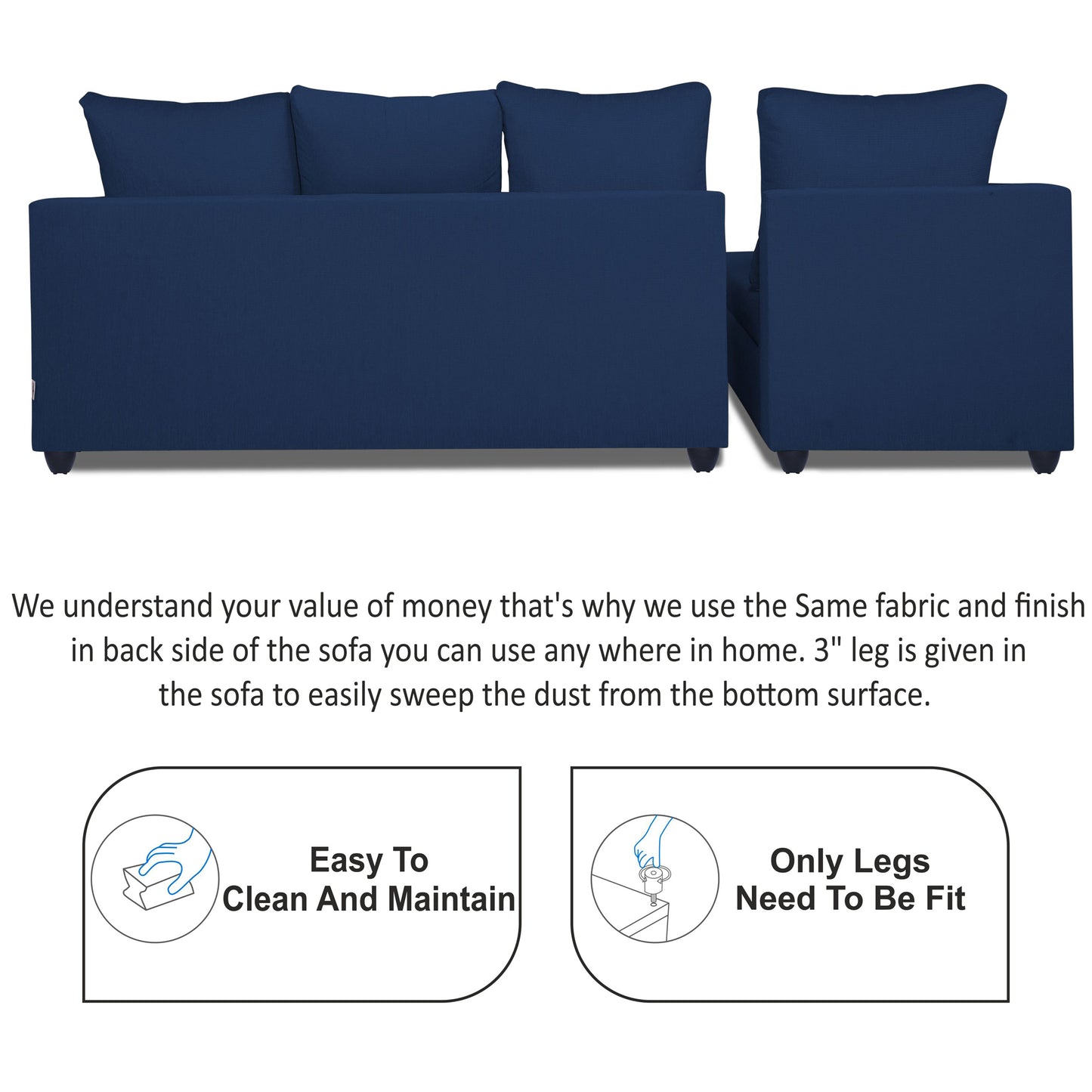 Adorn India Zink Straight line L Shape 5 Seater Sofa Plain Cushion (Left Side Handle)(Blue)