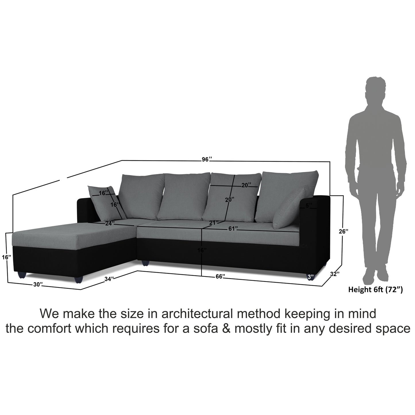 Adorn India Zink Straight line L Shape 5 Seater Sofa Plain Cushion (Left Side Handle)(Grey & Black)