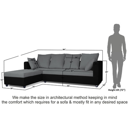 Adorn India Zink Straight line L Shape 5 Seater Sofa Plain Cushion (Left Side Handle)(Grey & Black)