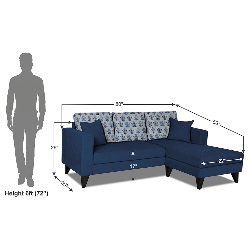 Adorn India Parker Leaf L Shape 4 Seater Sofa Set (Right Hand Side) (Blue) Martin Plus (3 Year Warranty)