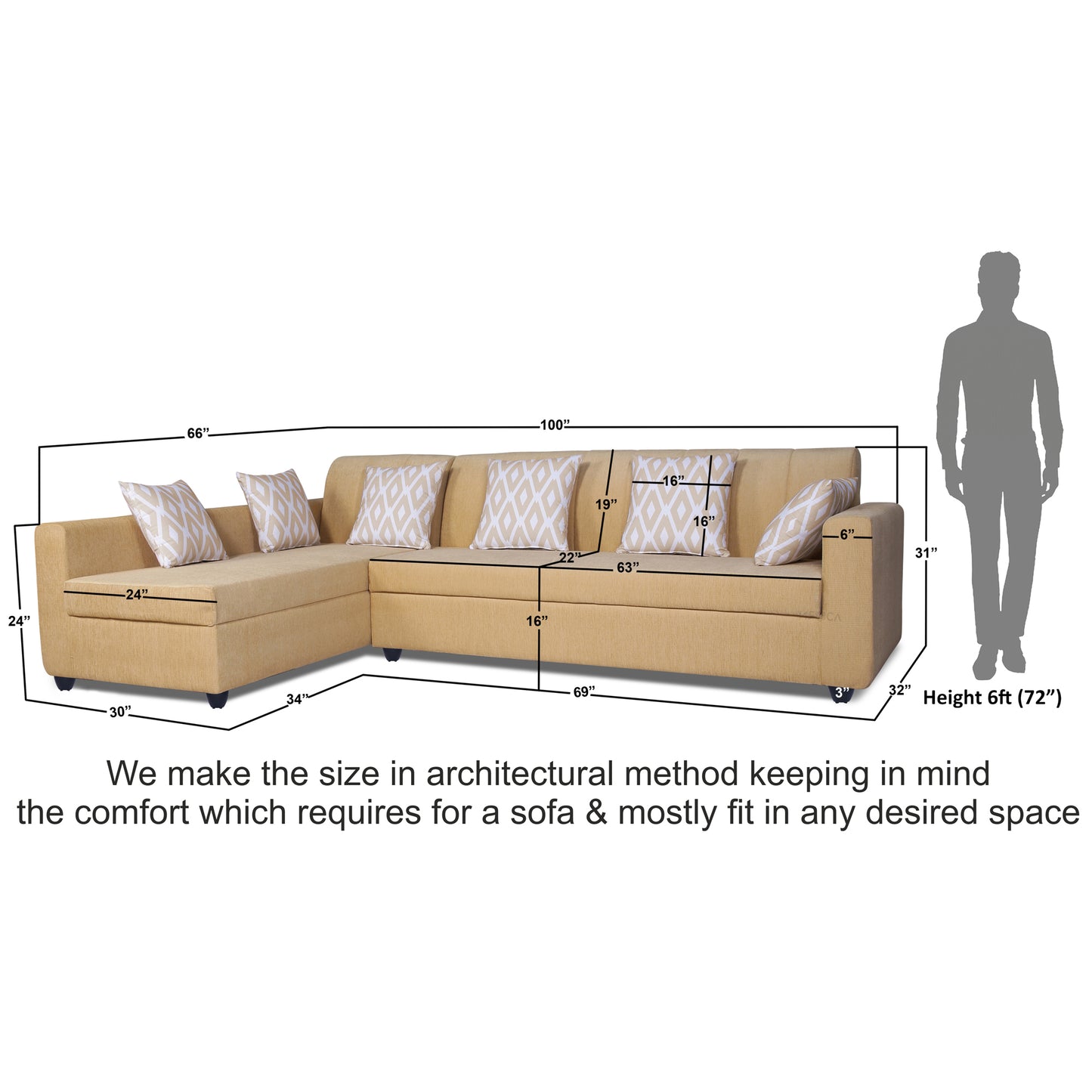 Adorn India Rio Highback L Shape 6 Seater corner Sofa Set (Left Side Handle) (Beige) (3 Year Warranty)