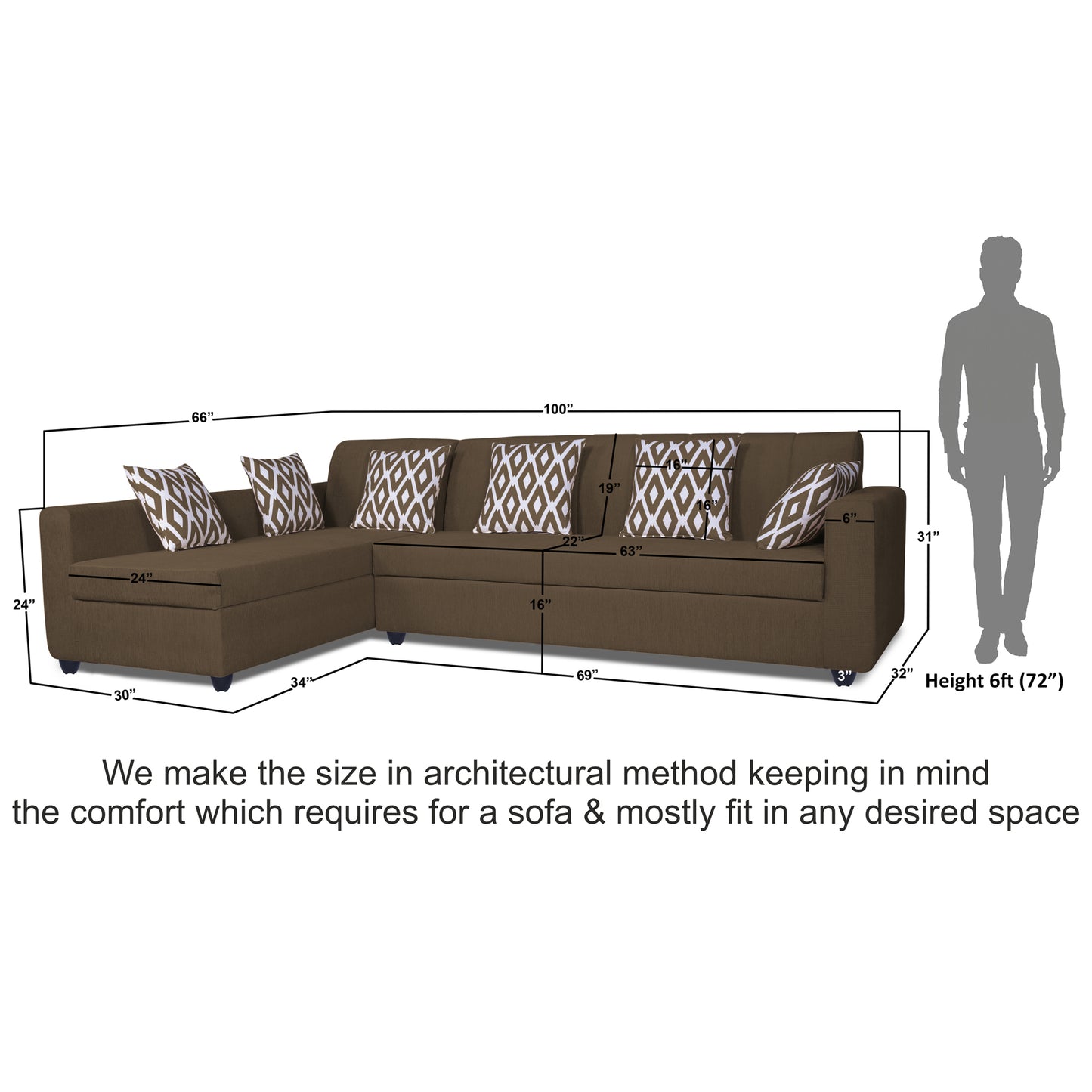 Adorn India Rio High Back L Shape 6 Seater Sofa Set (Left Side Handle) (Camel)