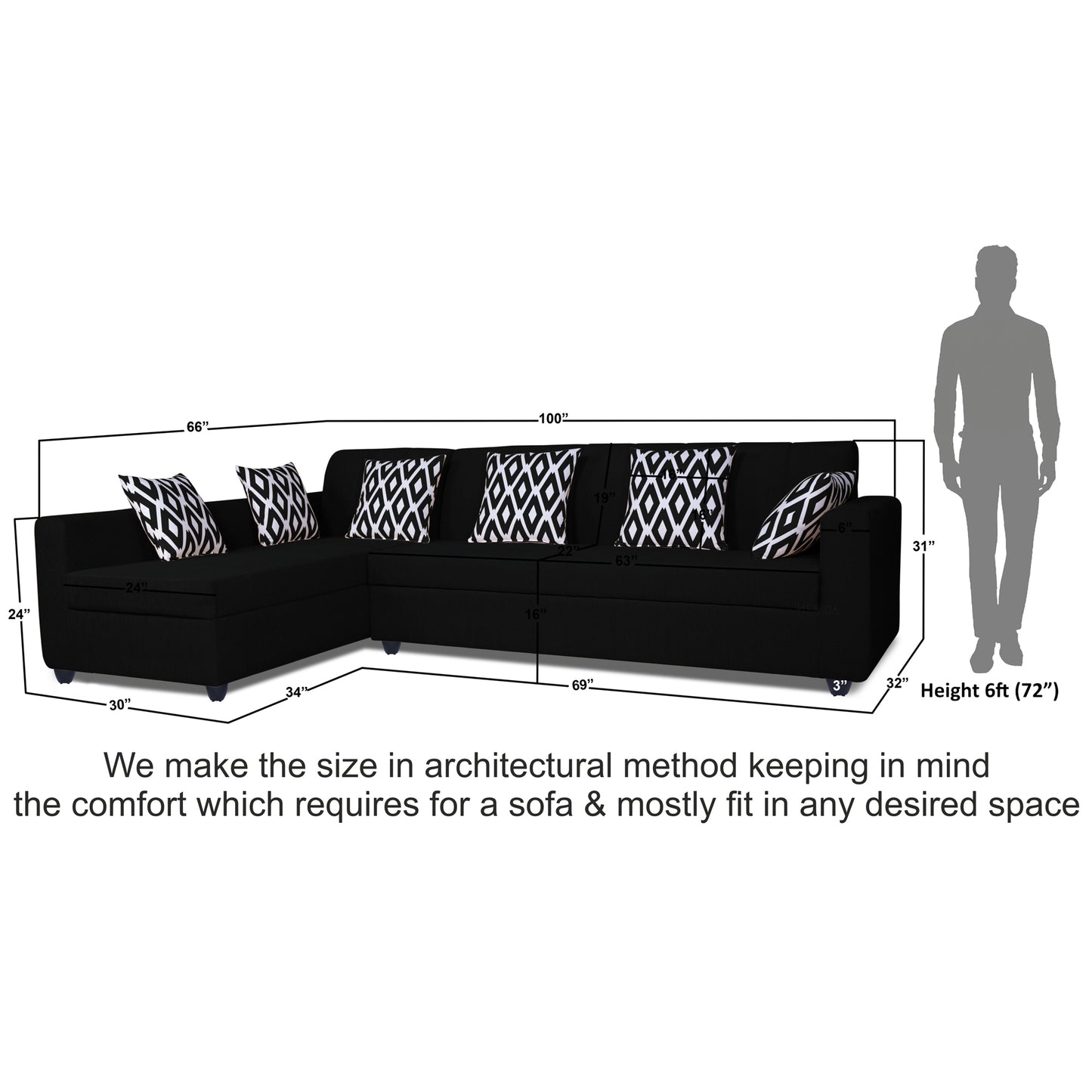 Adorn India Rio High Back L Shape 6 Seater Sofa Set (Left Side Handle)(Black)